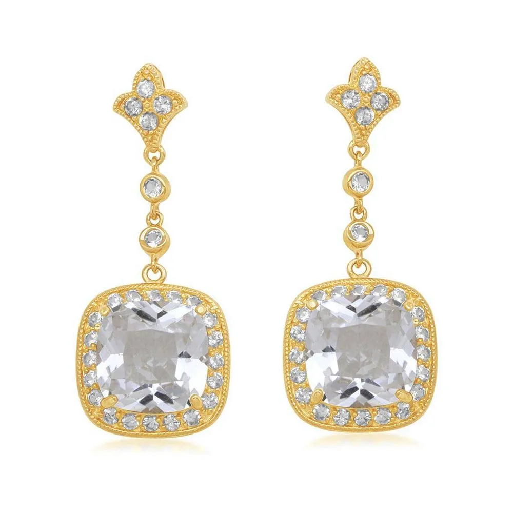 Jewelili 18K Yellow Gold Over Sterling Silver with Created White Sapphire Dangle Earrings