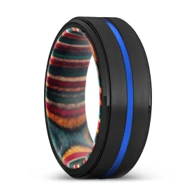 JIMMY | Multi Color Wood, Black Tungsten Ring, Blue Groove, Stepped Edge