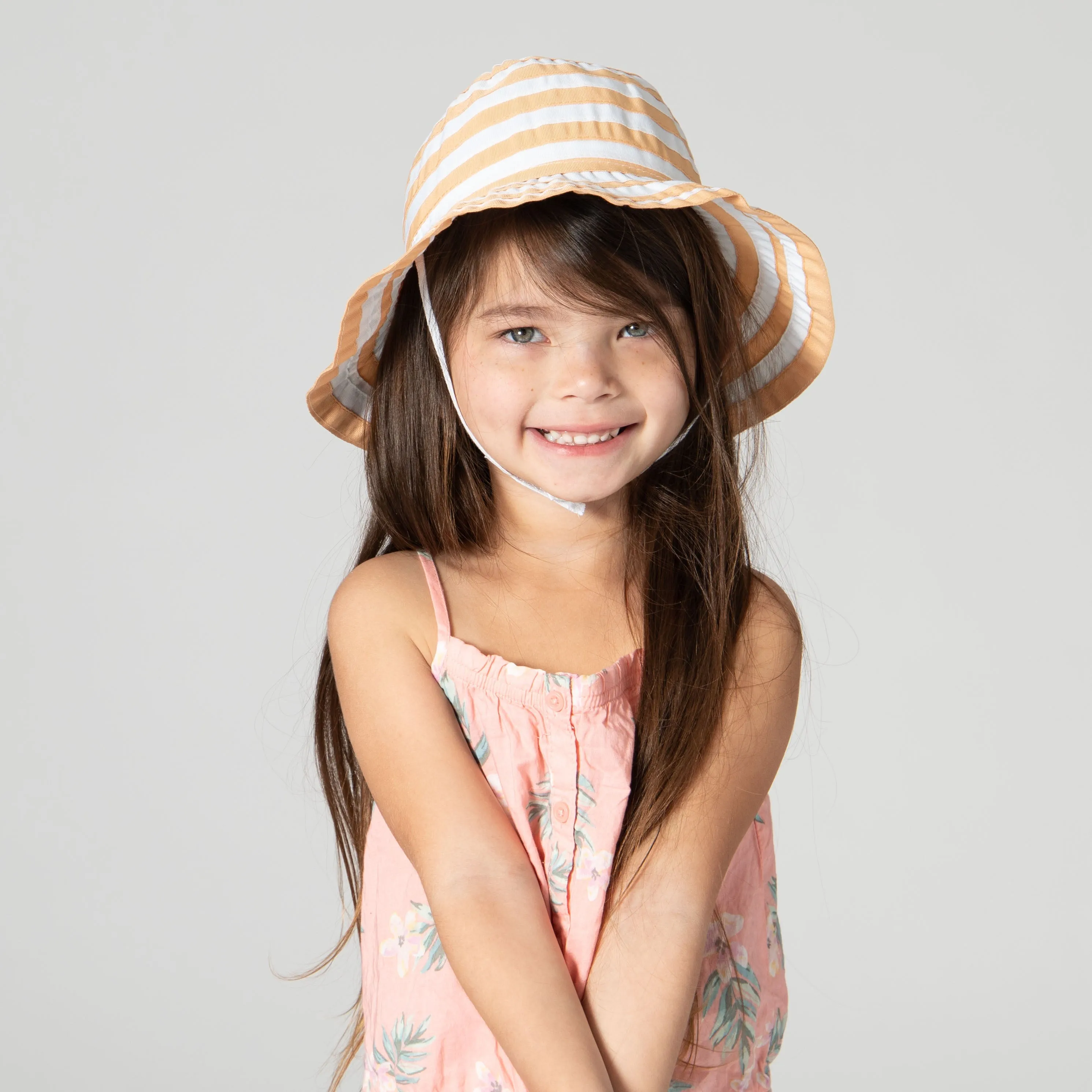 Kids Striped Ribbon Bucket Hat With Chin Strap