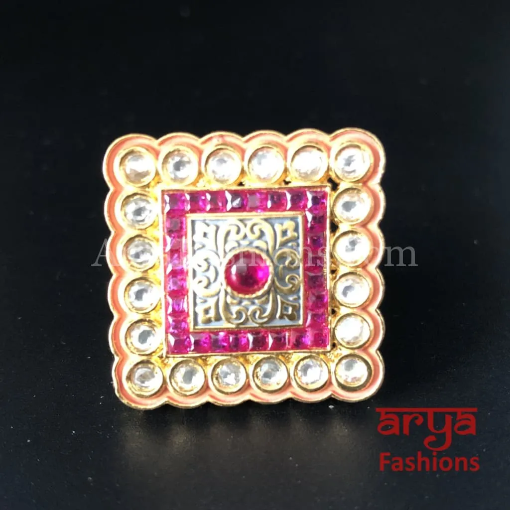 Kundan Pink Meenakari Jadau Ring