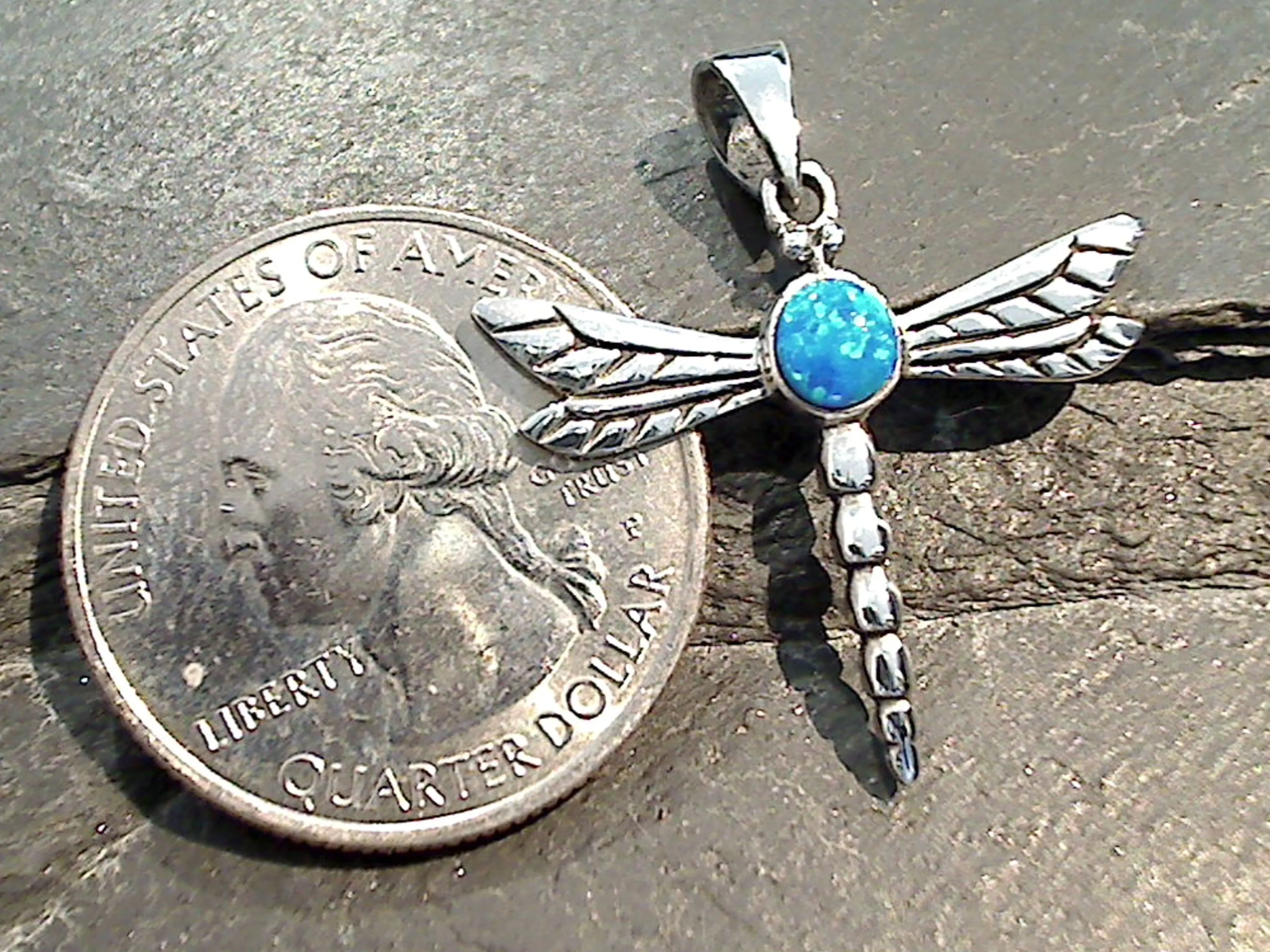 Lab Created Opal, Sterling Dragonfly Pendant