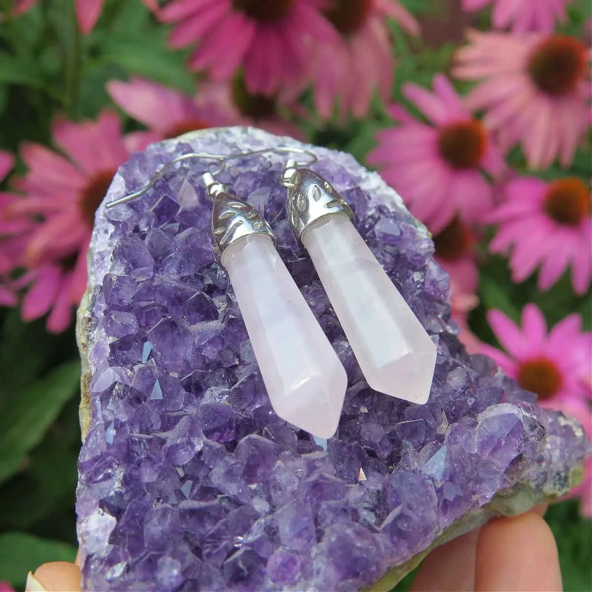 Large Rose Quartz Crystal Point Earrings