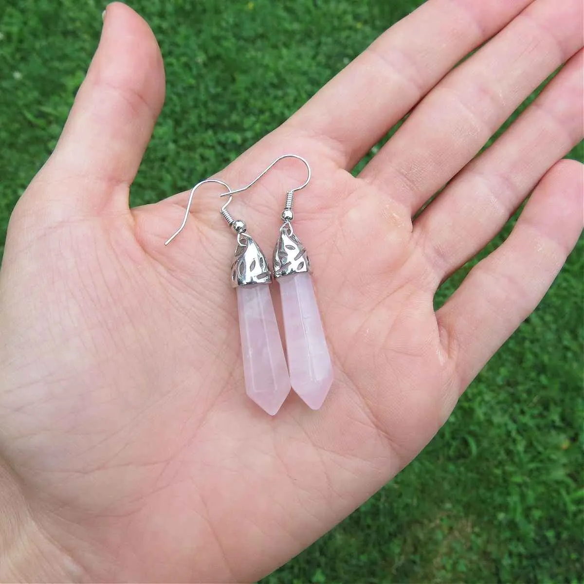 Large Rose Quartz Crystal Point Earrings