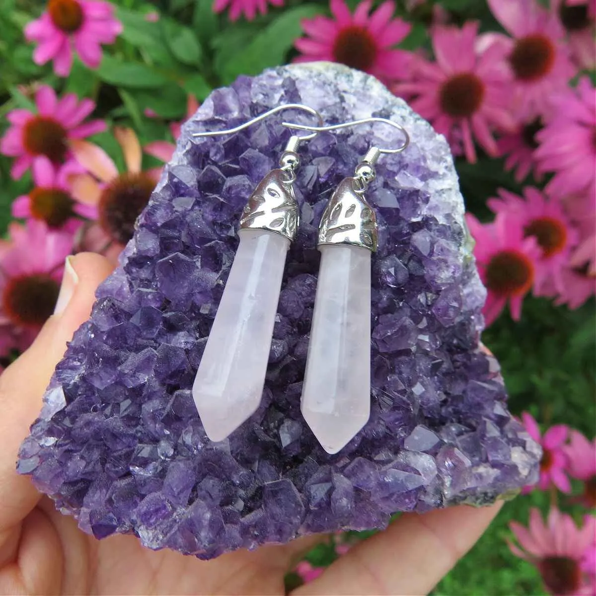 Large Rose Quartz Crystal Point Earrings