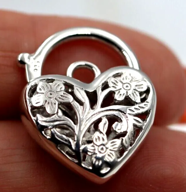 Large Sterling Silver 925 Filigree Heart Padlock Pendant 18mm