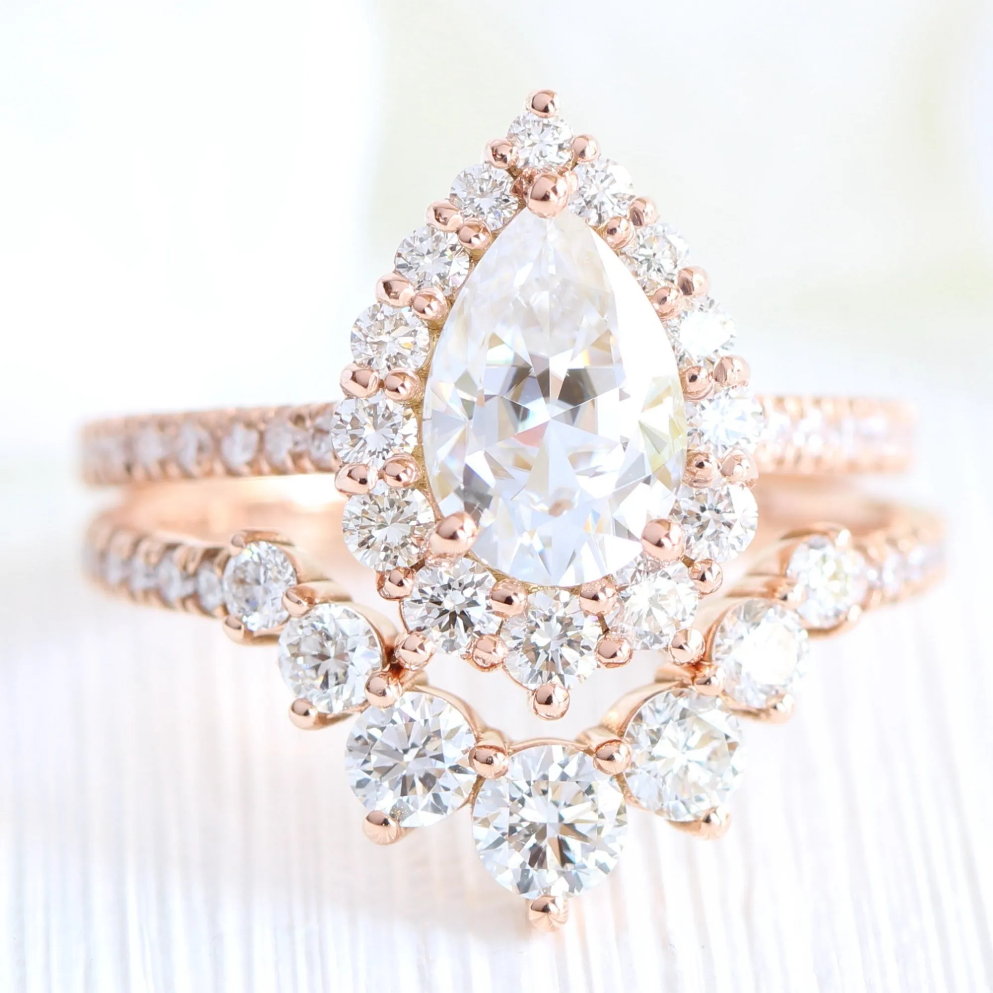 Large Tiara Halo Pave Ring Set w/ Pear Moissanite and Large 7 Diamond U Band