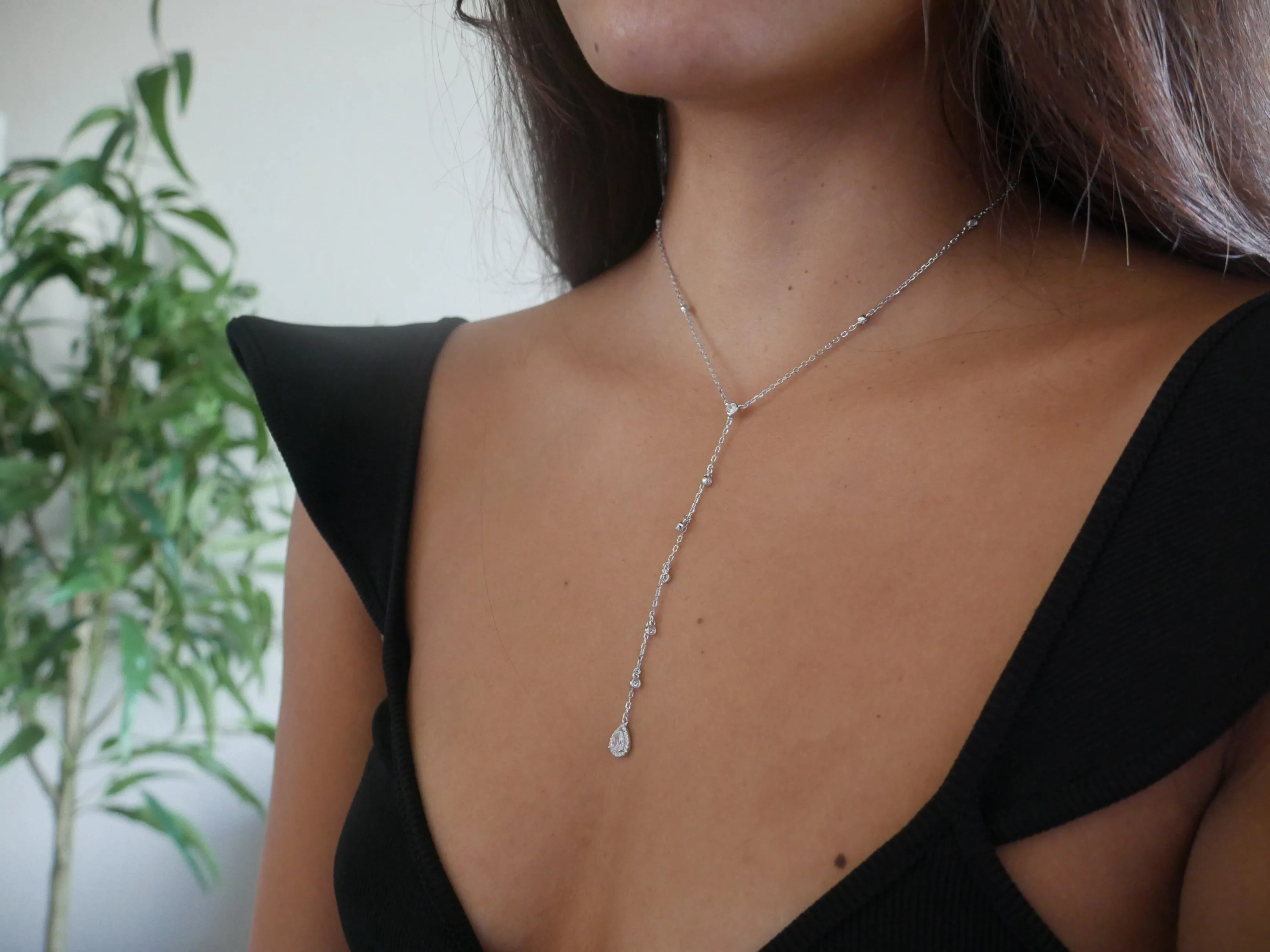 Lariat Y Necklace, .925 Sterling Silver Waterproof Pear Shape Drop Down Diamond CZ Necklace