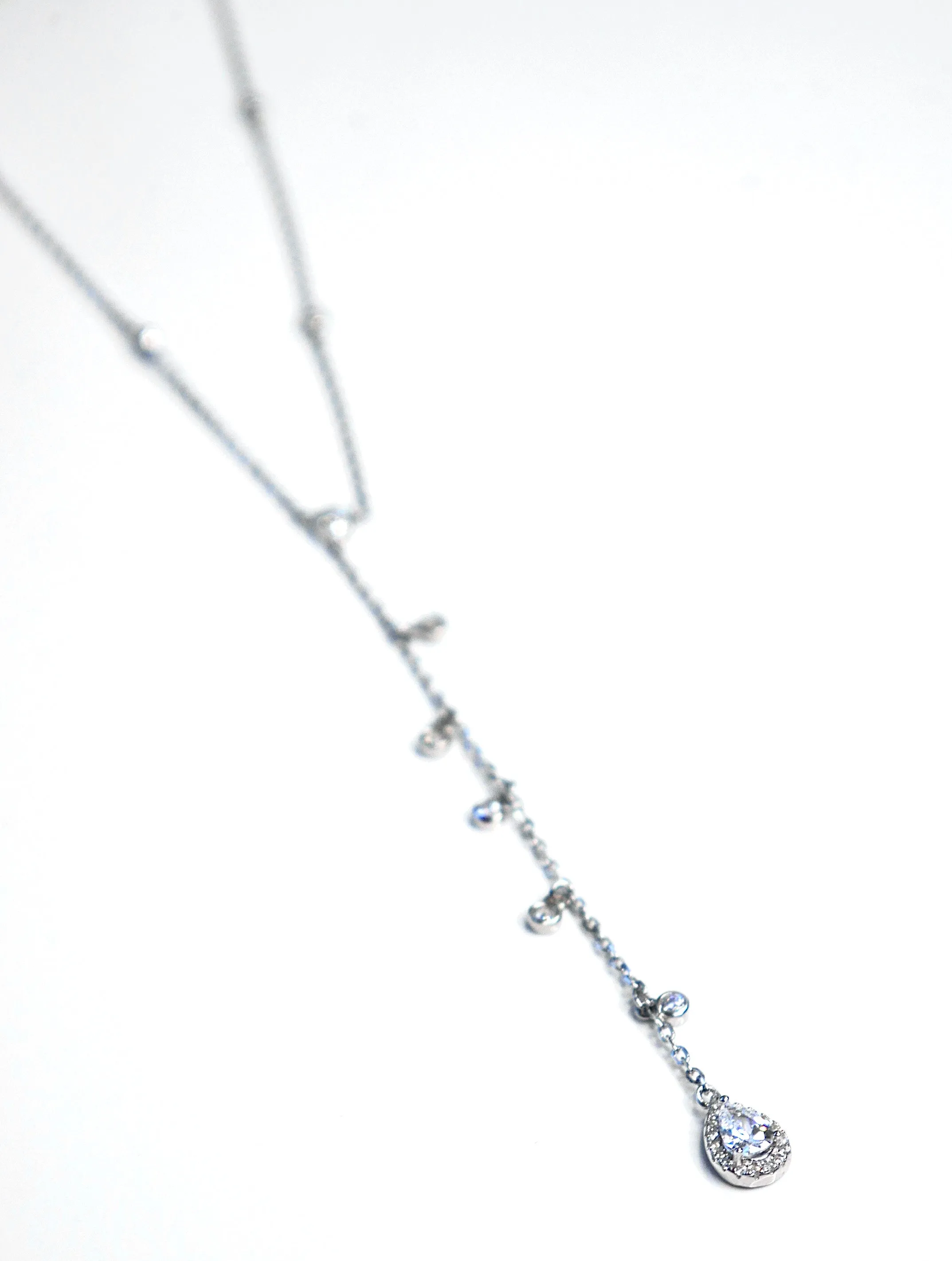 Lariat Y Necklace, .925 Sterling Silver Waterproof Pear Shape Drop Down Diamond CZ Necklace