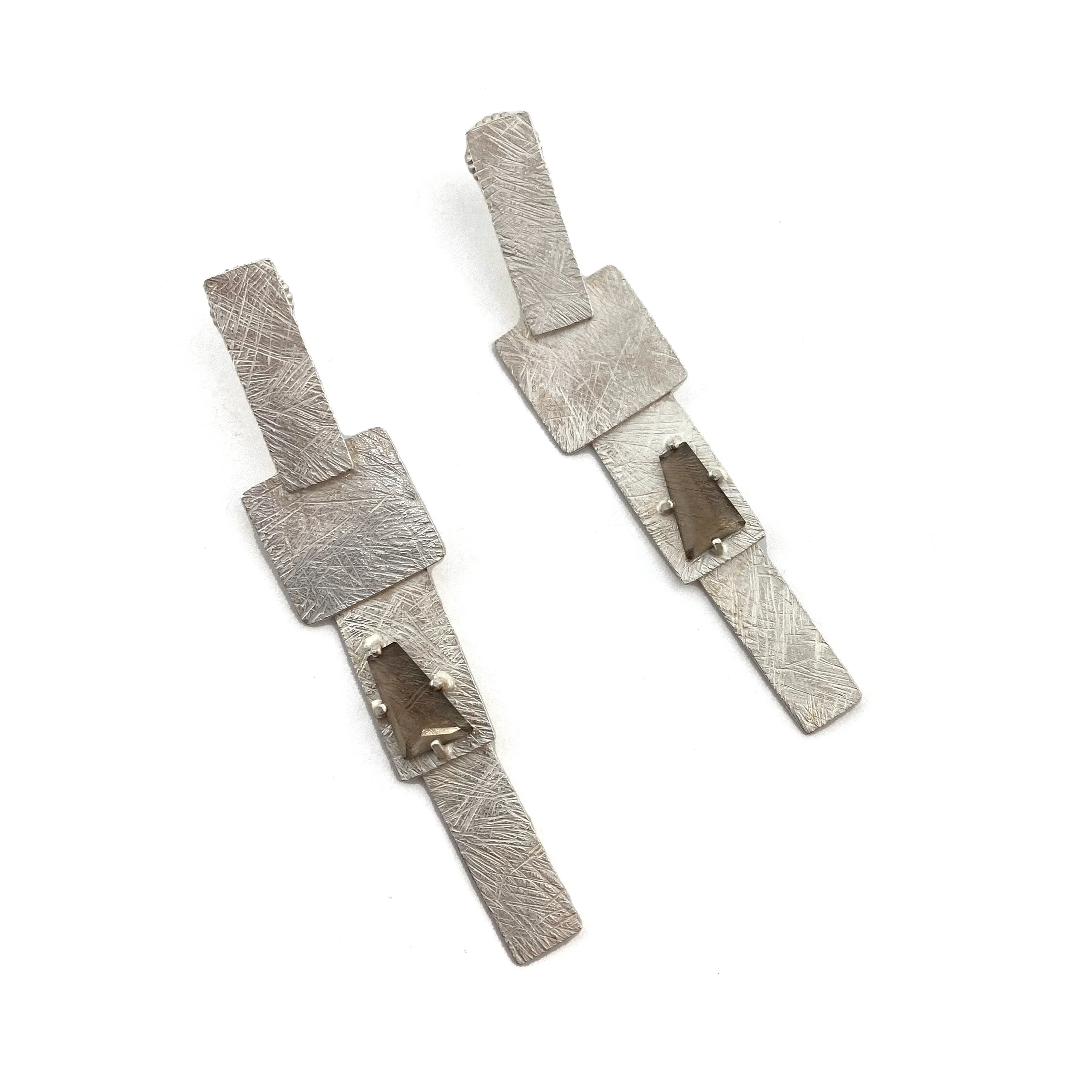 Long Carved Tab Link Earrings - Smoky Quartz