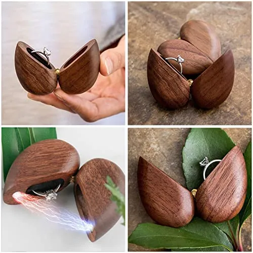 Loom Tree Heart Shaped Walnut Wood Ring Box Organizer Portable double magnet closed