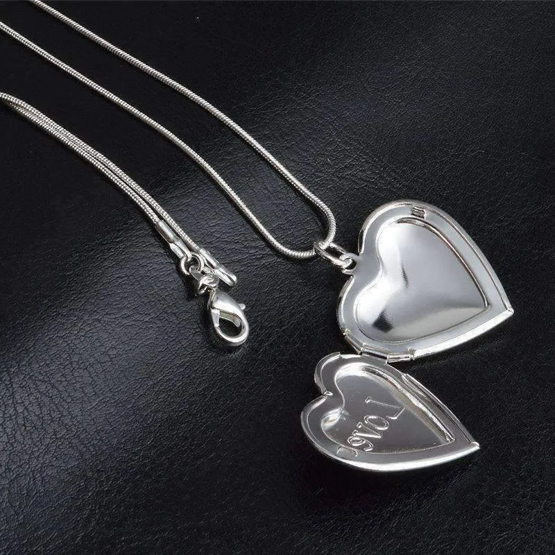 LOVE Silver Heart Locket High Polished Necklace For Woman Best Momento Gift