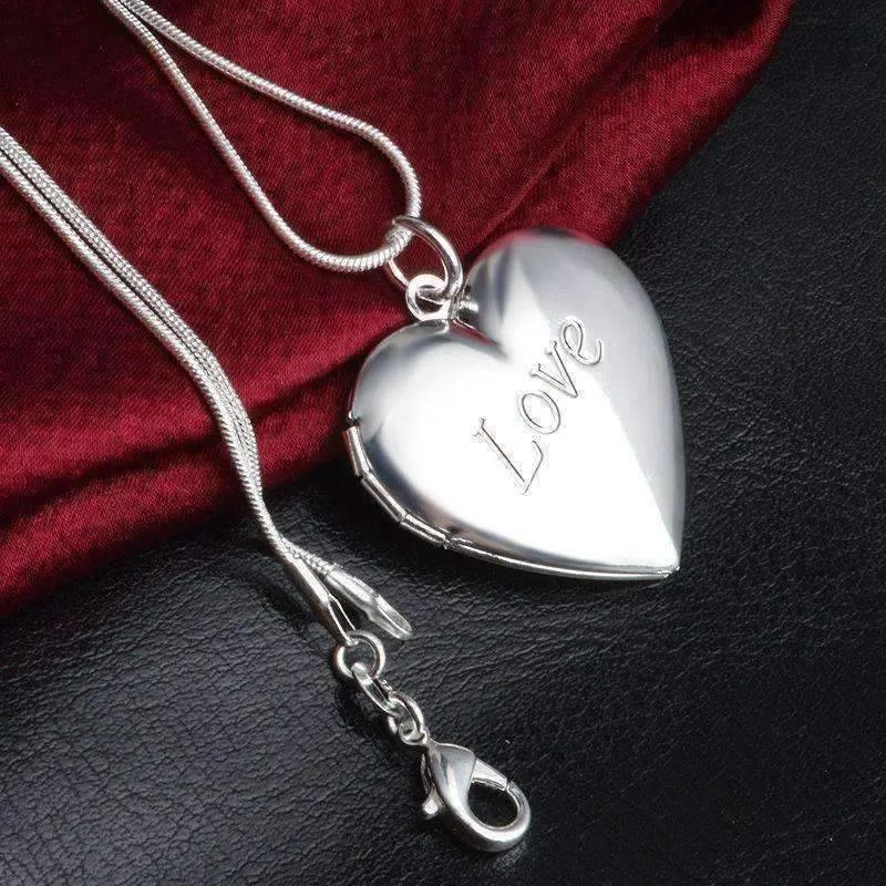 LOVE Silver Heart Locket High Polished Necklace For Woman Best Momento Gift