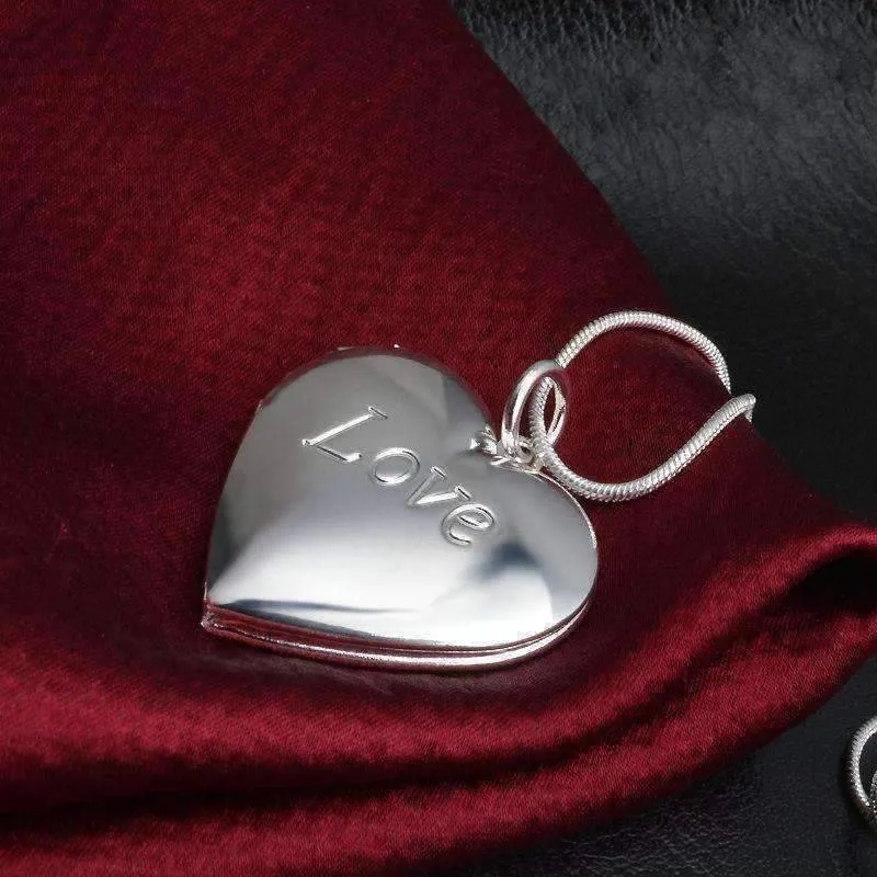 LOVE Silver Heart Locket High Polished Necklace For Woman Best Momento Gift