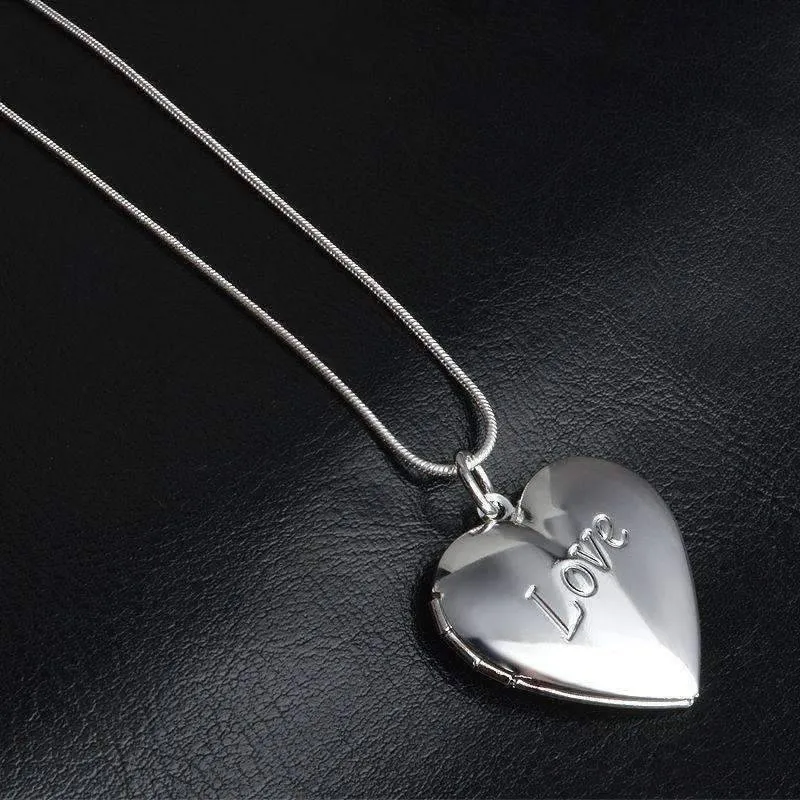 LOVE Silver Heart Locket High Polished Necklace For Woman Best Momento Gift