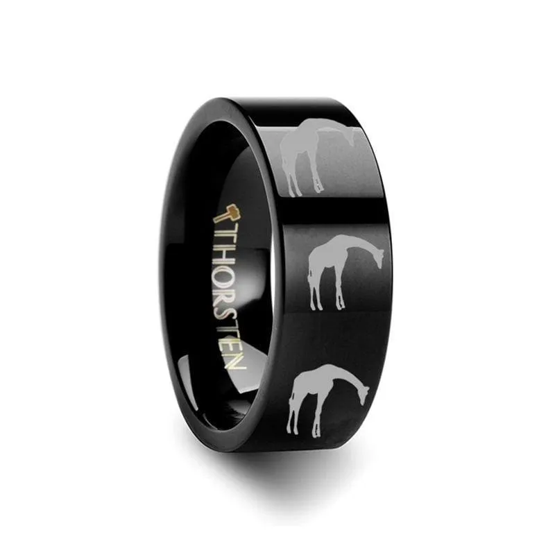 Lubec Giraffe Print Ring Engraved Flat Black Tungsten Carbide Ring 4mm - 12mm