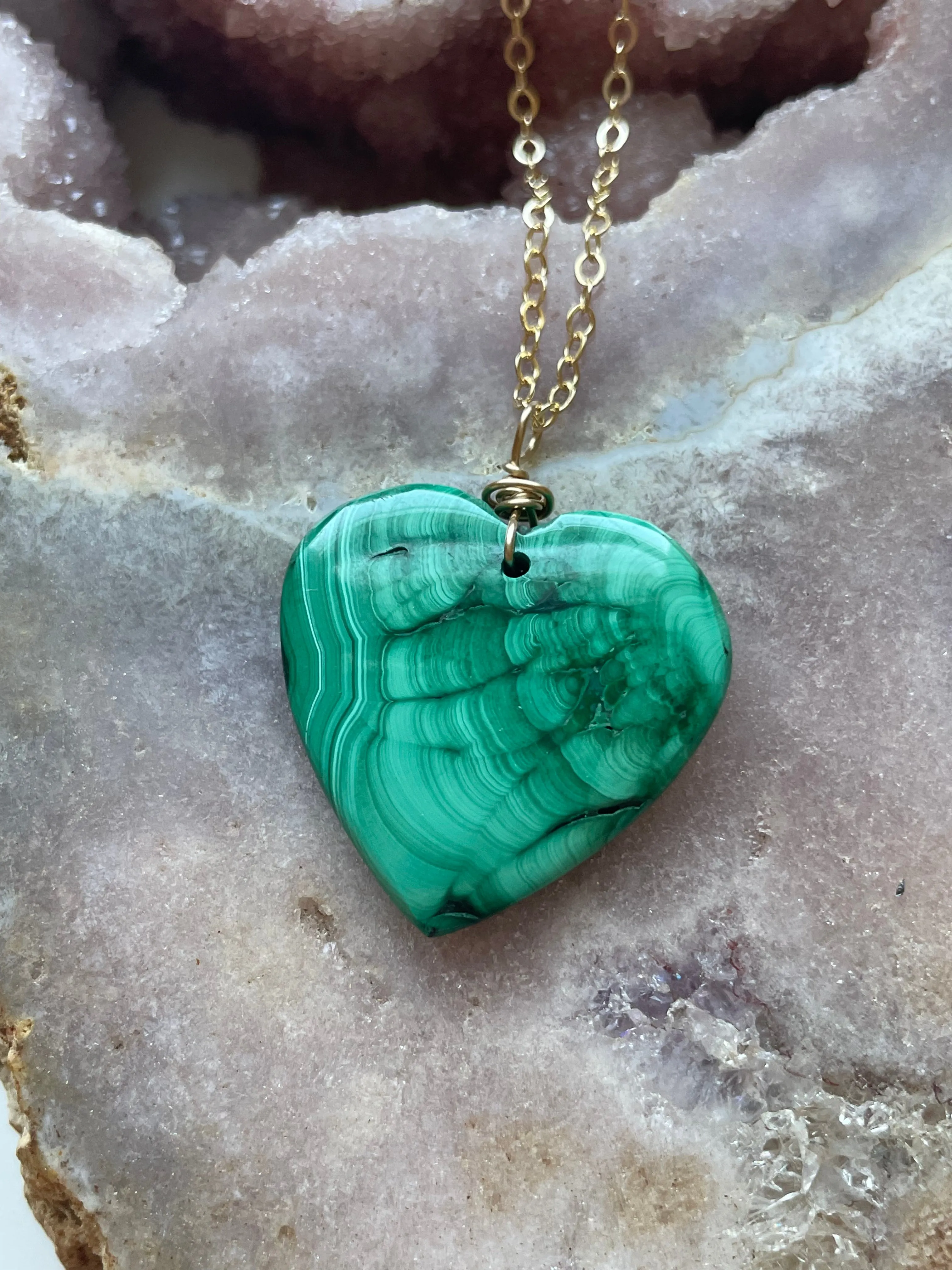 Malachite Heart Crystal Pendant Necklace 14kt Gold Filled 16”