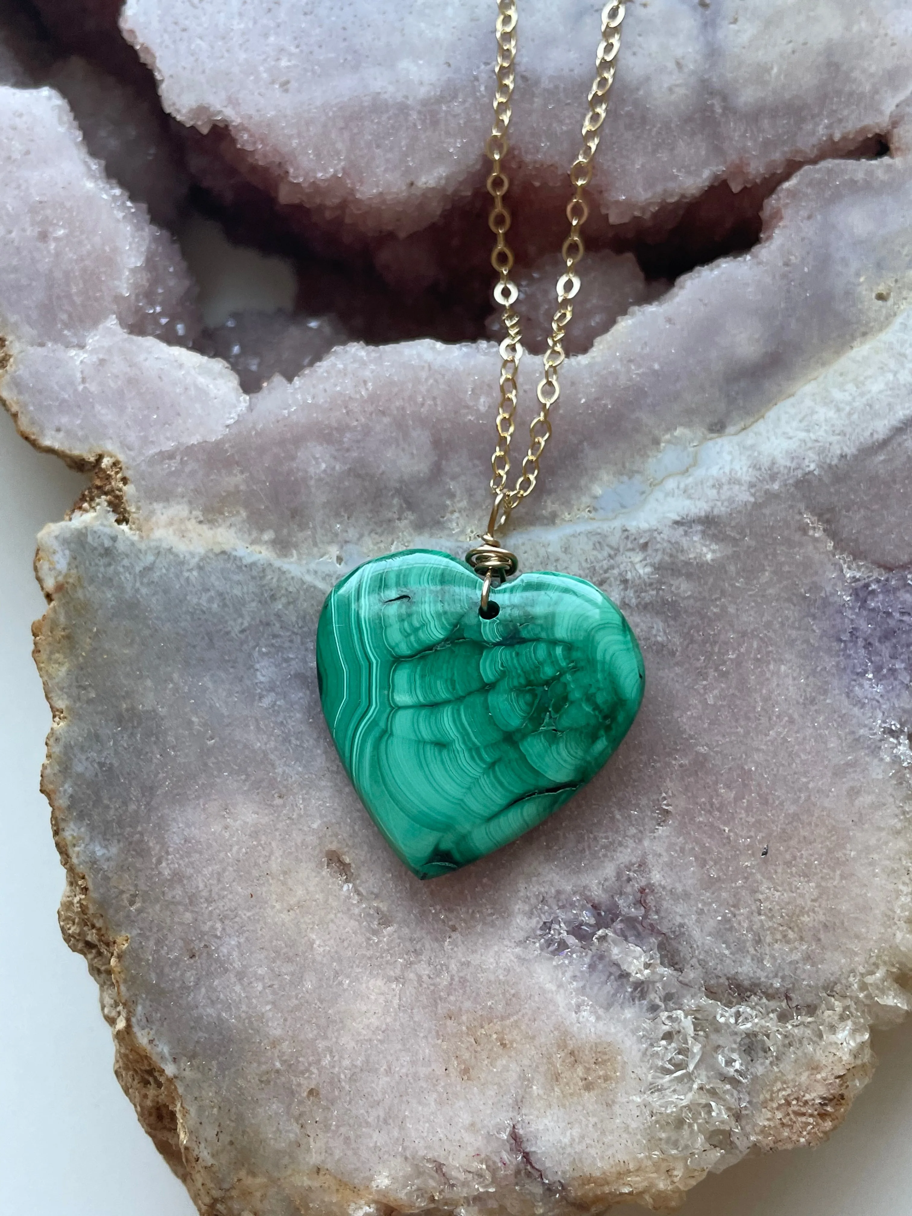 Malachite Heart Crystal Pendant Necklace 14kt Gold Filled 16”