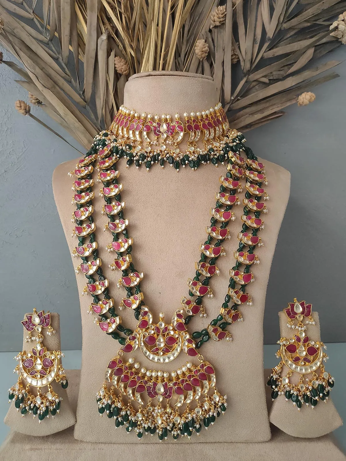 Maroon Color Gold Plated Jadau Kundan Bridal Necklace Set - MS1227YMR