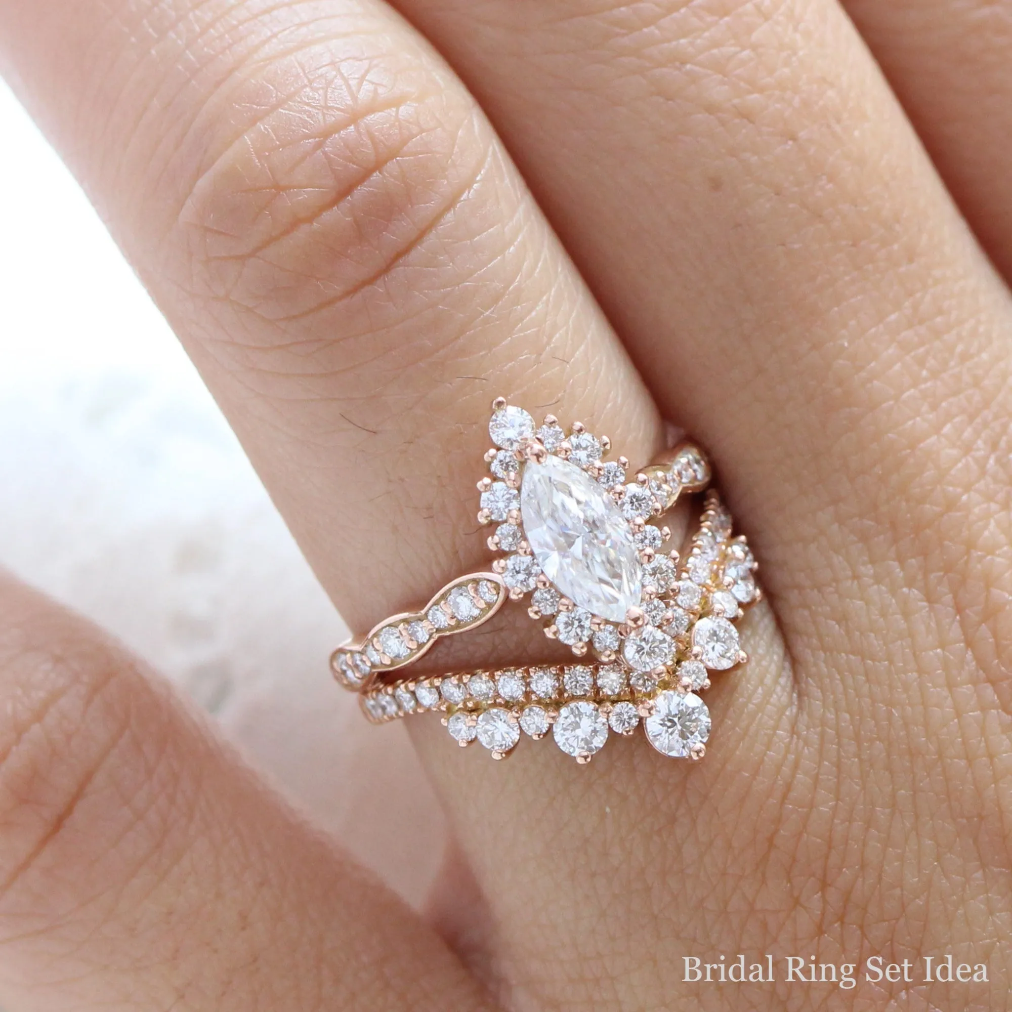 Marquise Moissanite Engagement Ring in Tiara Halo Diamond Scalloped Band