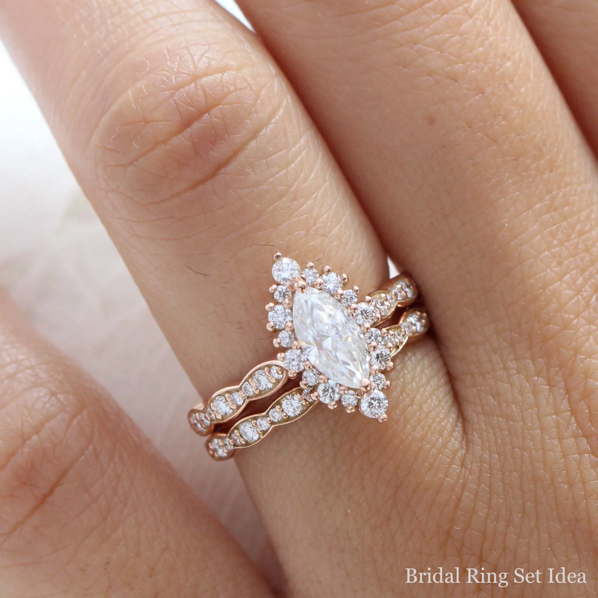 Marquise Moissanite Engagement Ring in Tiara Halo Diamond Scalloped Band