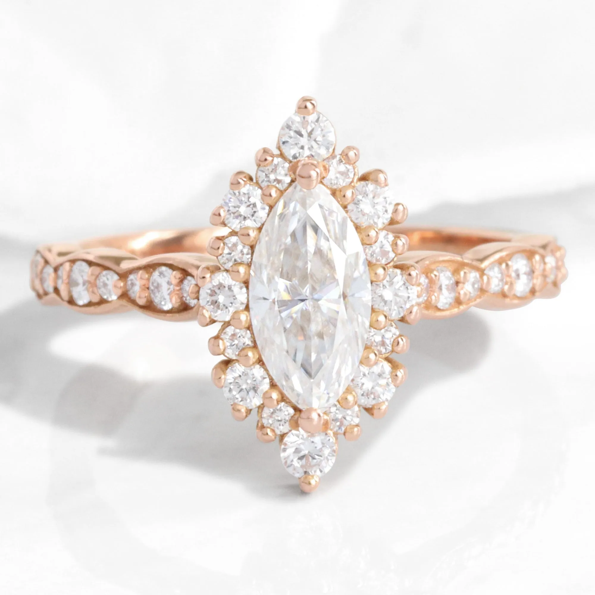 Marquise Moissanite Engagement Ring in Tiara Halo Diamond Scalloped Band