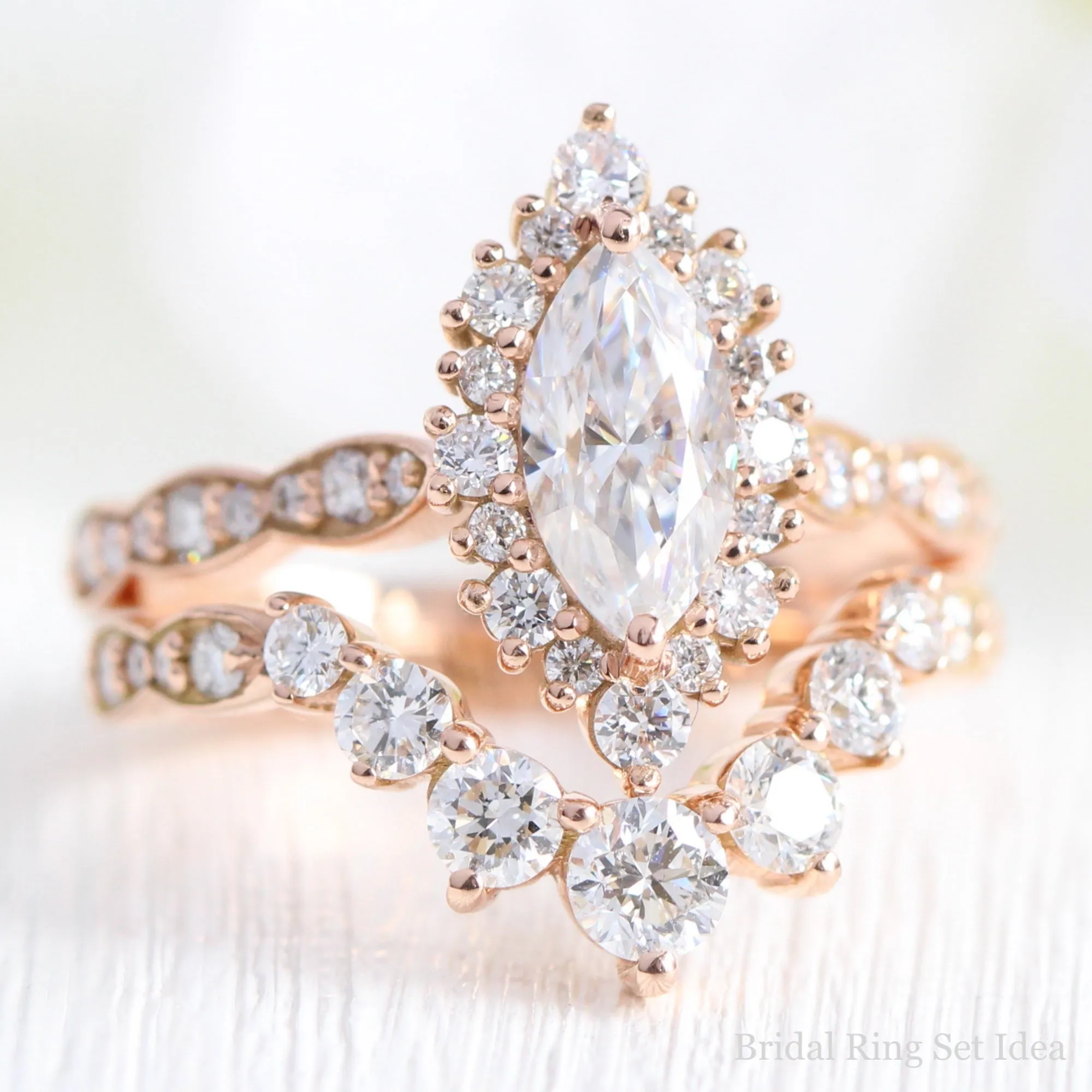 Marquise Moissanite Engagement Ring in Tiara Halo Diamond Scalloped Band