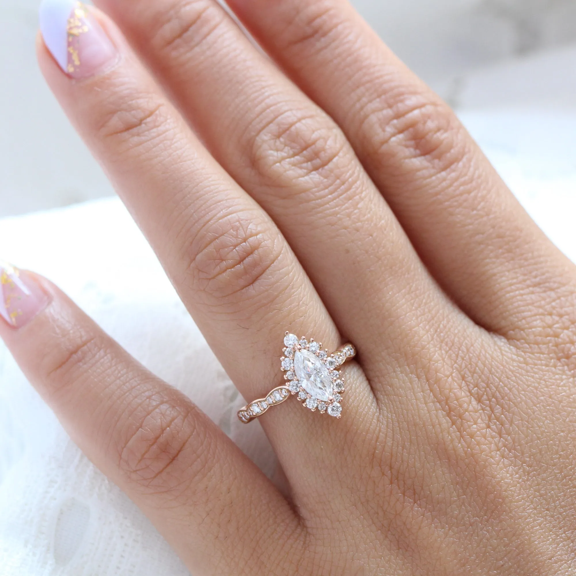 Marquise Moissanite Engagement Ring in Tiara Halo Diamond Scalloped Band