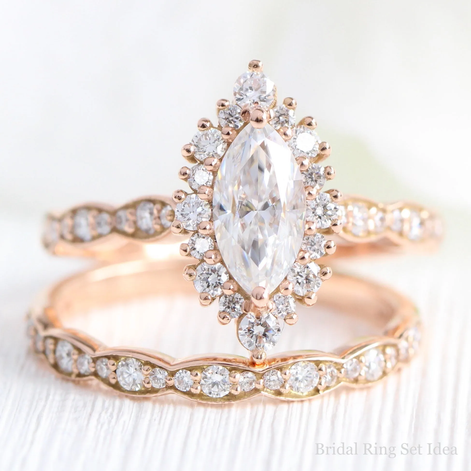 Marquise Moissanite Engagement Ring in Tiara Halo Diamond Scalloped Band