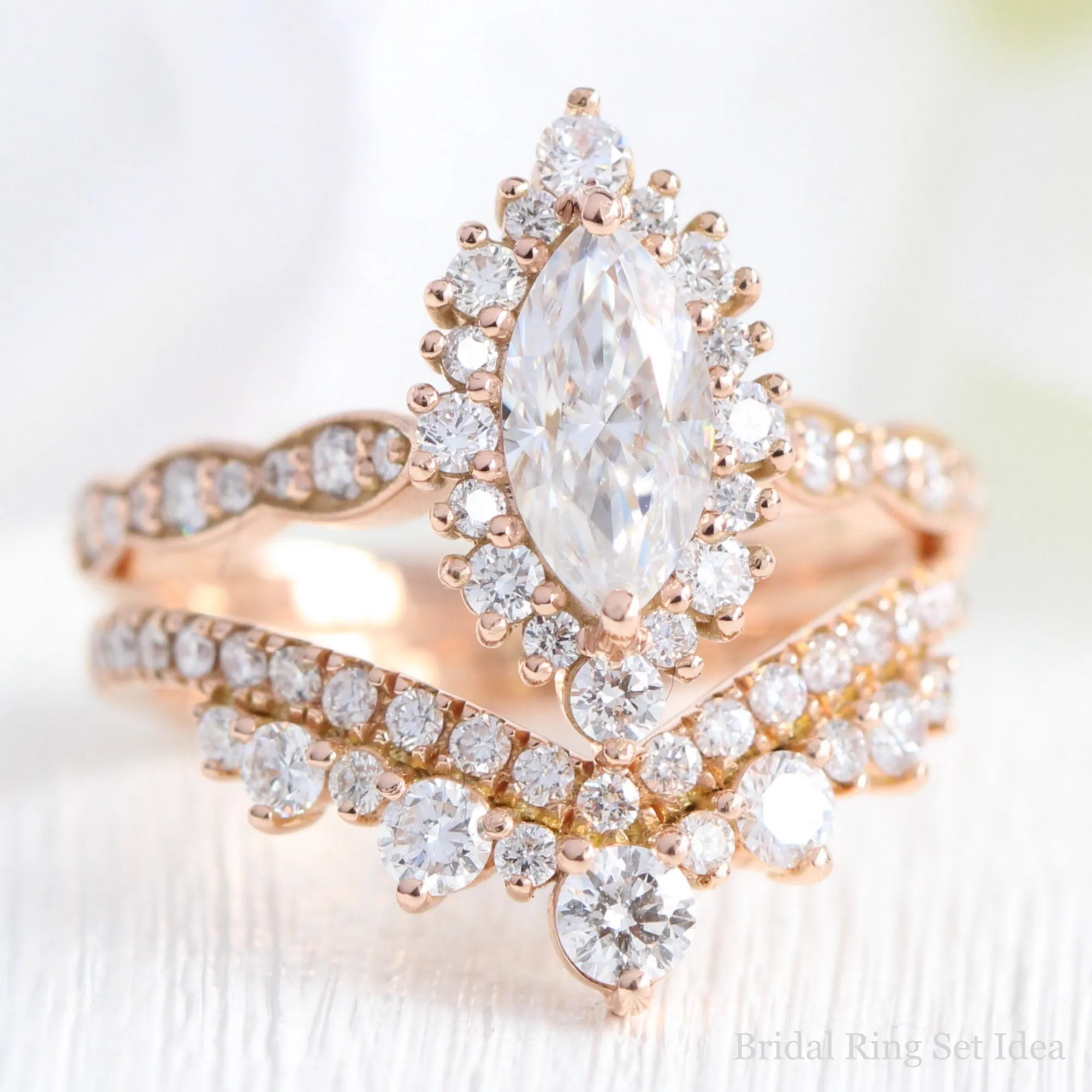 Marquise Moissanite Engagement Ring in Tiara Halo Diamond Scalloped Band