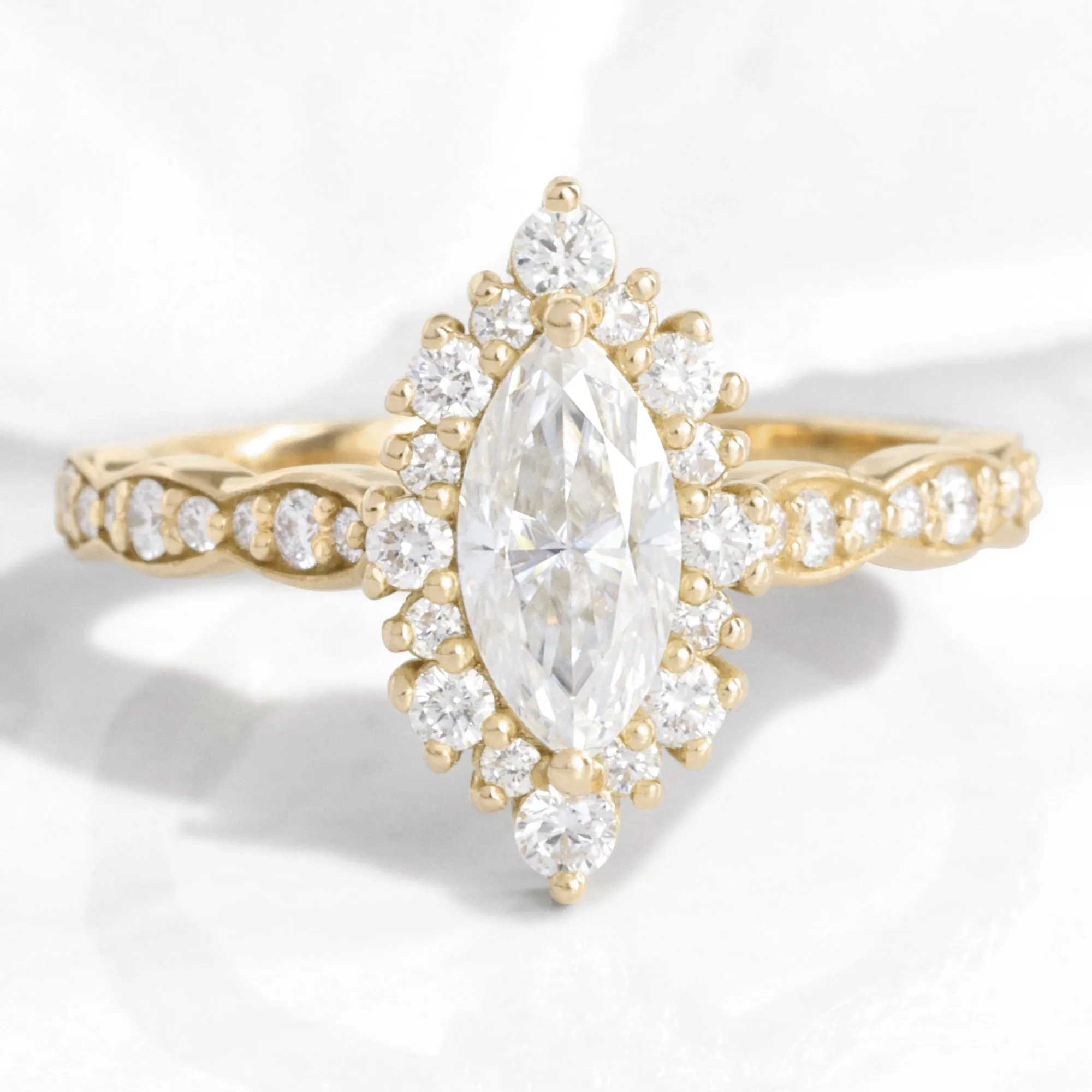 Marquise Moissanite Engagement Ring in Tiara Halo Diamond Scalloped Band