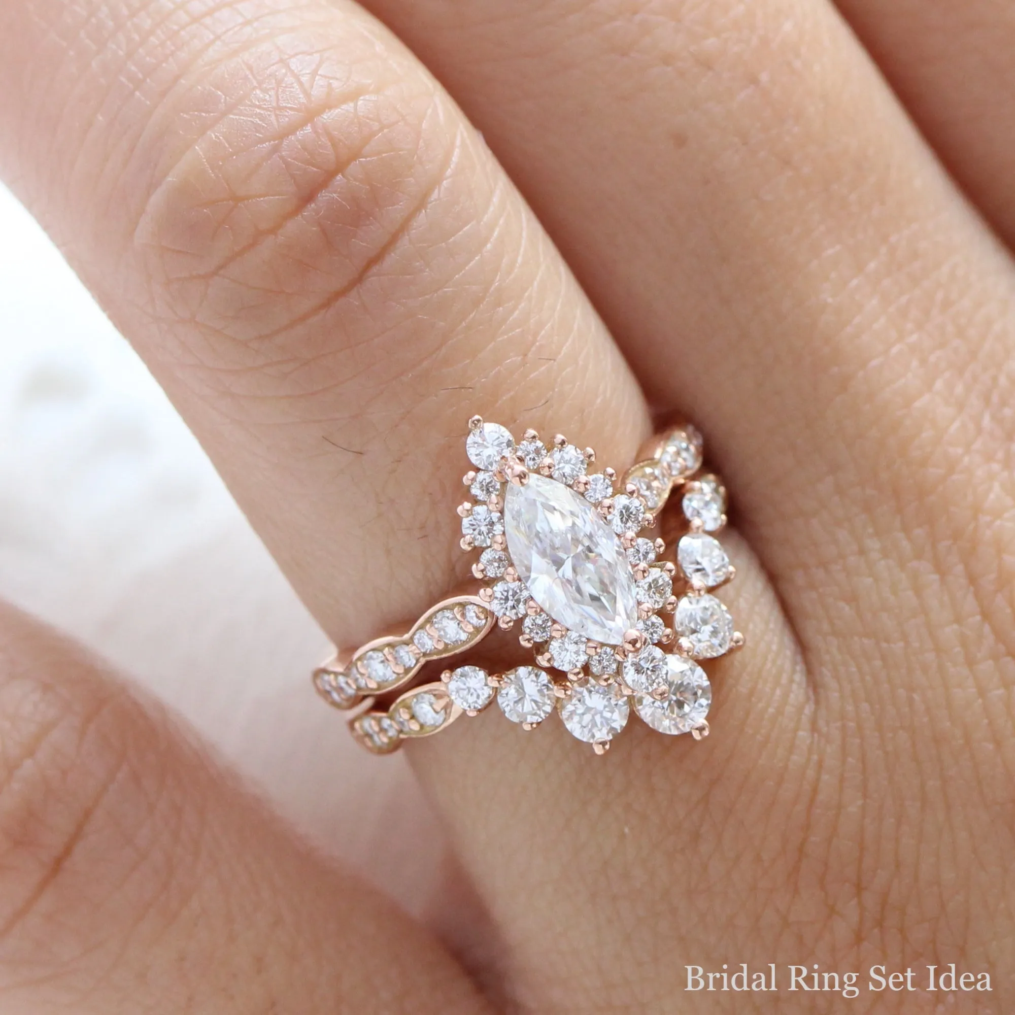 Marquise Moissanite Engagement Ring in Tiara Halo Diamond Scalloped Band