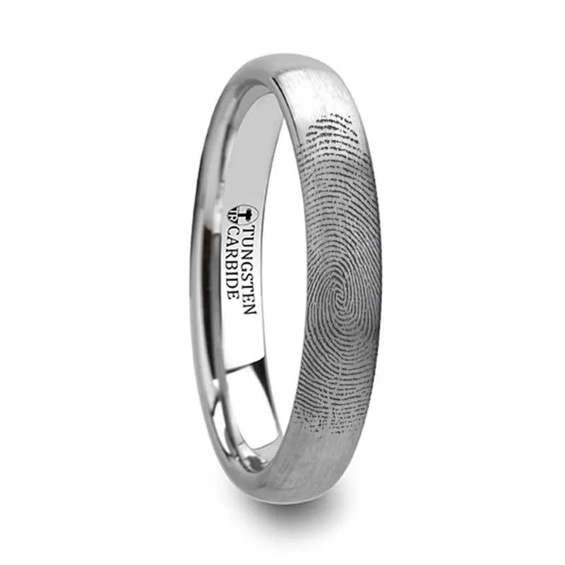 Matching Ring Set Fingerprint Ring Engraved Domed Tungsten Ring Brushed Ring- 4mm & 8mm