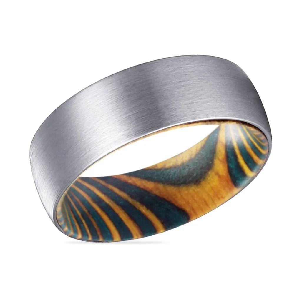 MAX | Green & Yellow Wood, Silver Tungsten Ring, Brushed, Domed