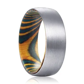 MAX | Green & Yellow Wood, Silver Tungsten Ring, Brushed, Domed