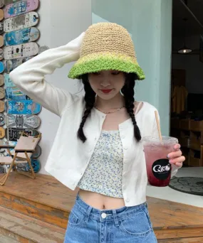 Modern Khaki Gradient Color Straw Woven Holiday Bucket Hat