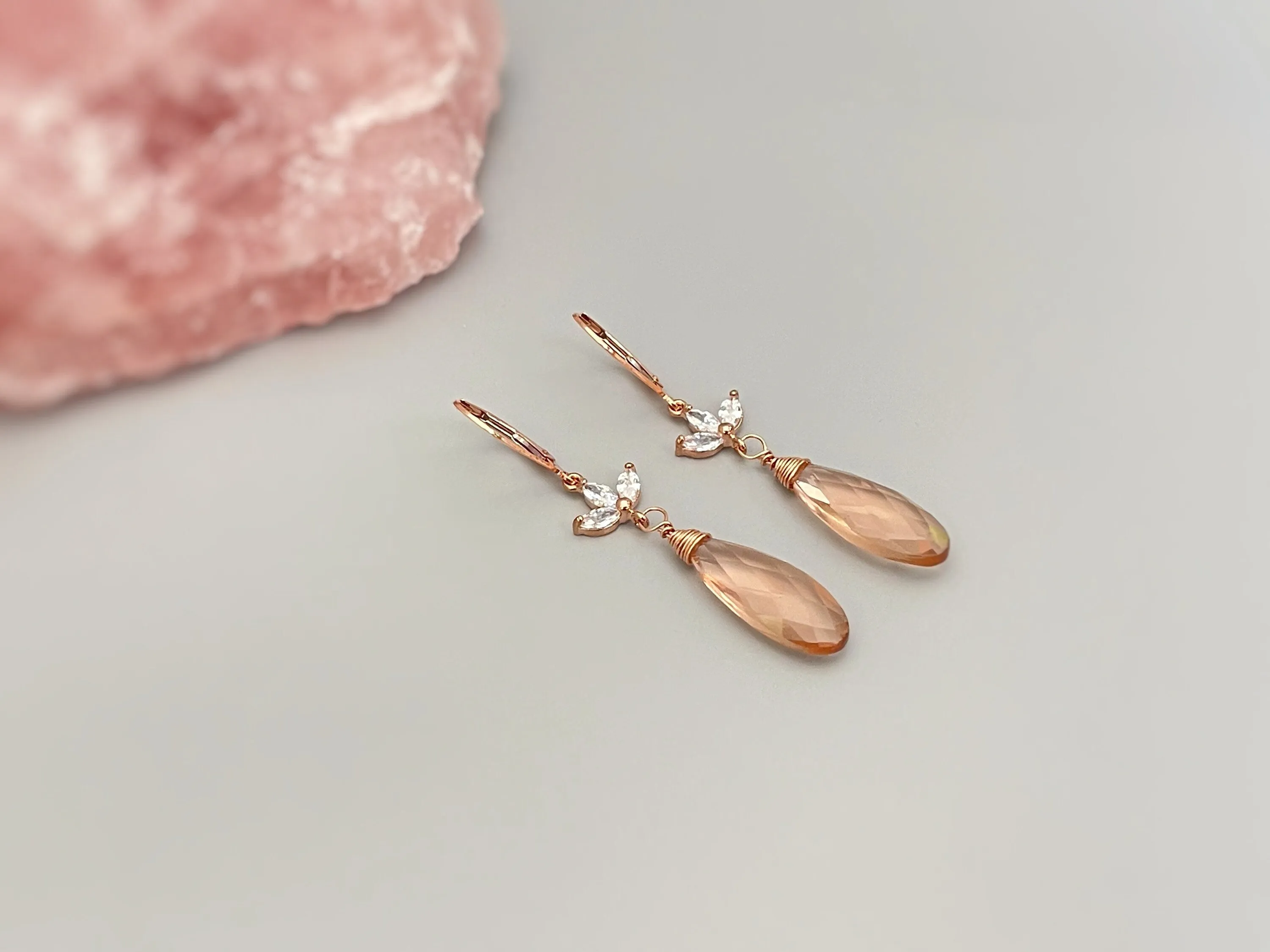 Morganite Rose Gold Earrings dangle pink, peach, champagne quartz