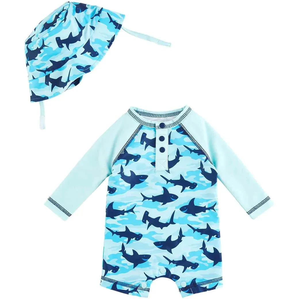 Mud Pie Camo Shark Rash Guard One-Piece & Hat Set