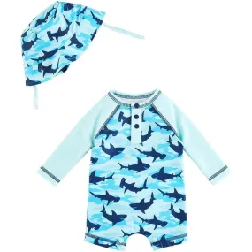 Mud Pie Camo Shark Rash Guard One-Piece & Hat Set