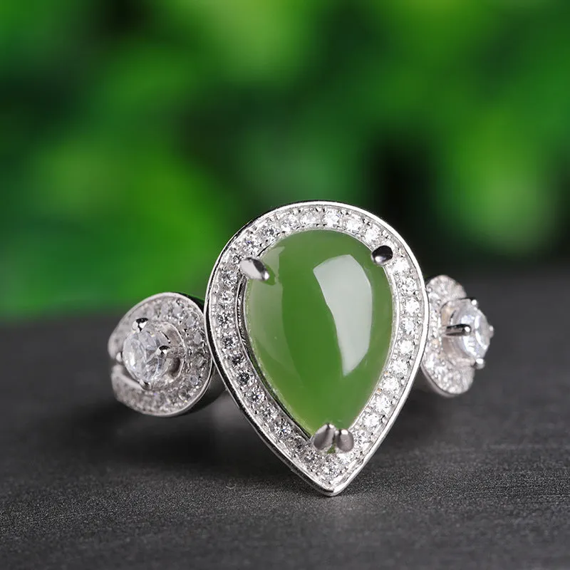 Natural Jade Ring Nephrite Silver Zircon Adjustable Ring ZNRG134