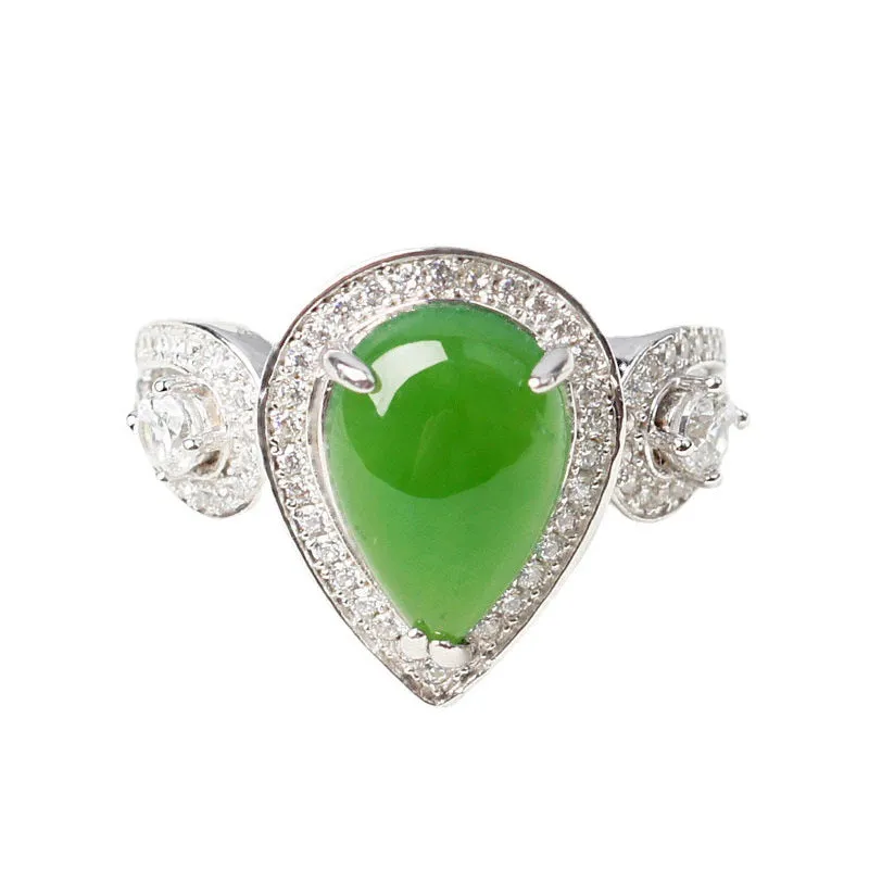 Natural Jade Ring Nephrite Silver Zircon Adjustable Ring ZNRG134