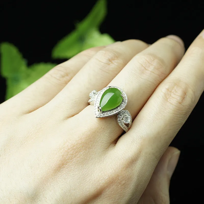 Natural Jade Ring Nephrite Silver Zircon Adjustable Ring ZNRG134