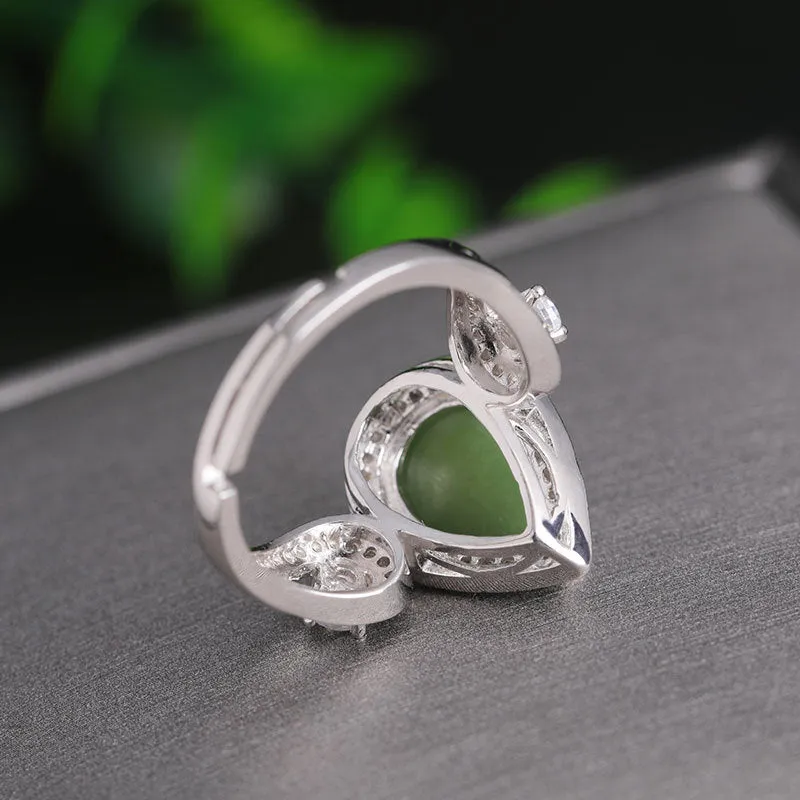 Natural Jade Ring Nephrite Silver Zircon Adjustable Ring ZNRG134