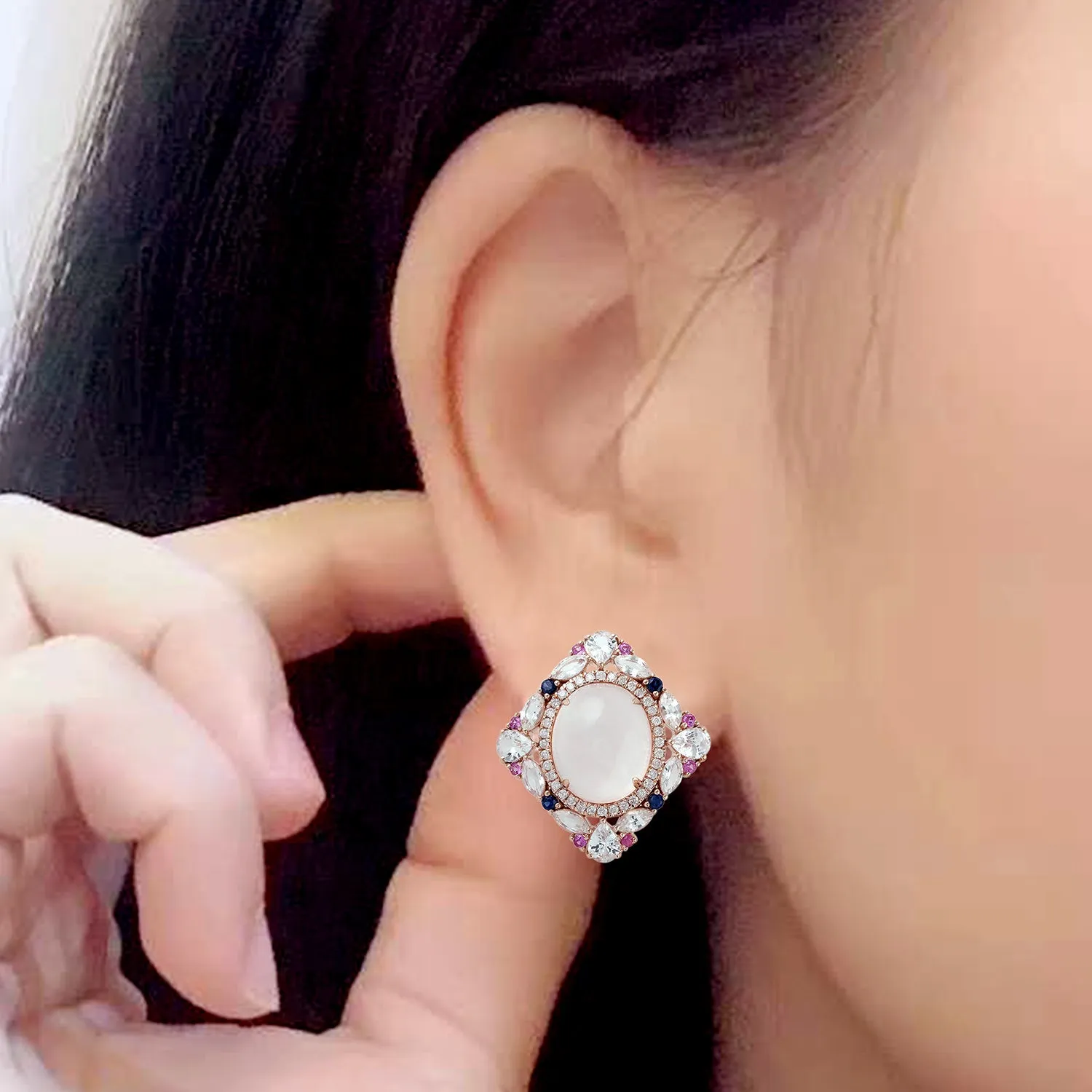 Natural Pink Quartz Sapphire Diamond 18k Rose Gold Cluster Stud Earrings