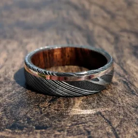 New 6mm Wide 14k Solid Rose Gold Damascus Steel Ring with Arizona Ironwood Sleeve