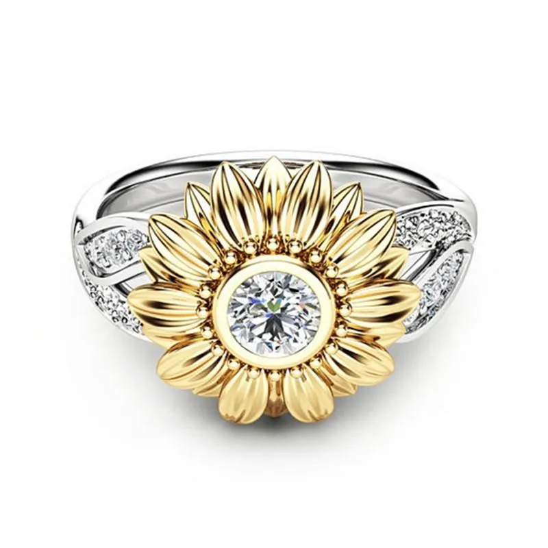 New gold-plated couple ring sunflower flower color separation zircon ring