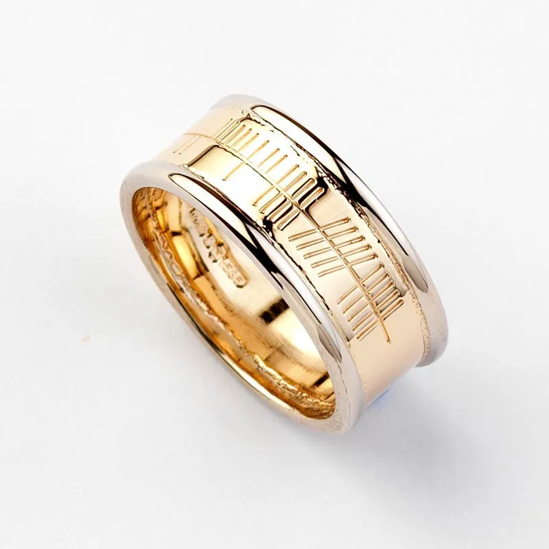 Ogham Yellow Gold Ring with White Gold Trims, Narrow