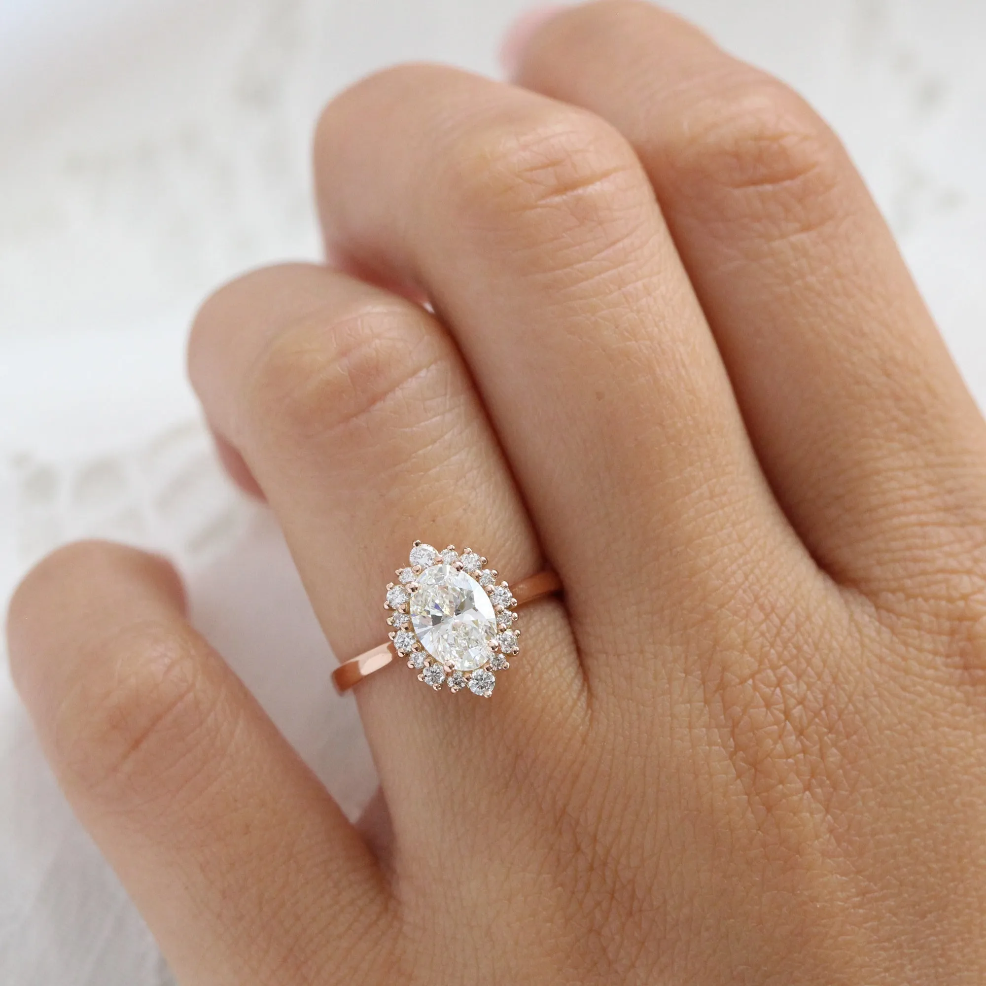 Oval Cut Lab Diamond Ring w/ Natural Diamonds in Tiara Halo Ring