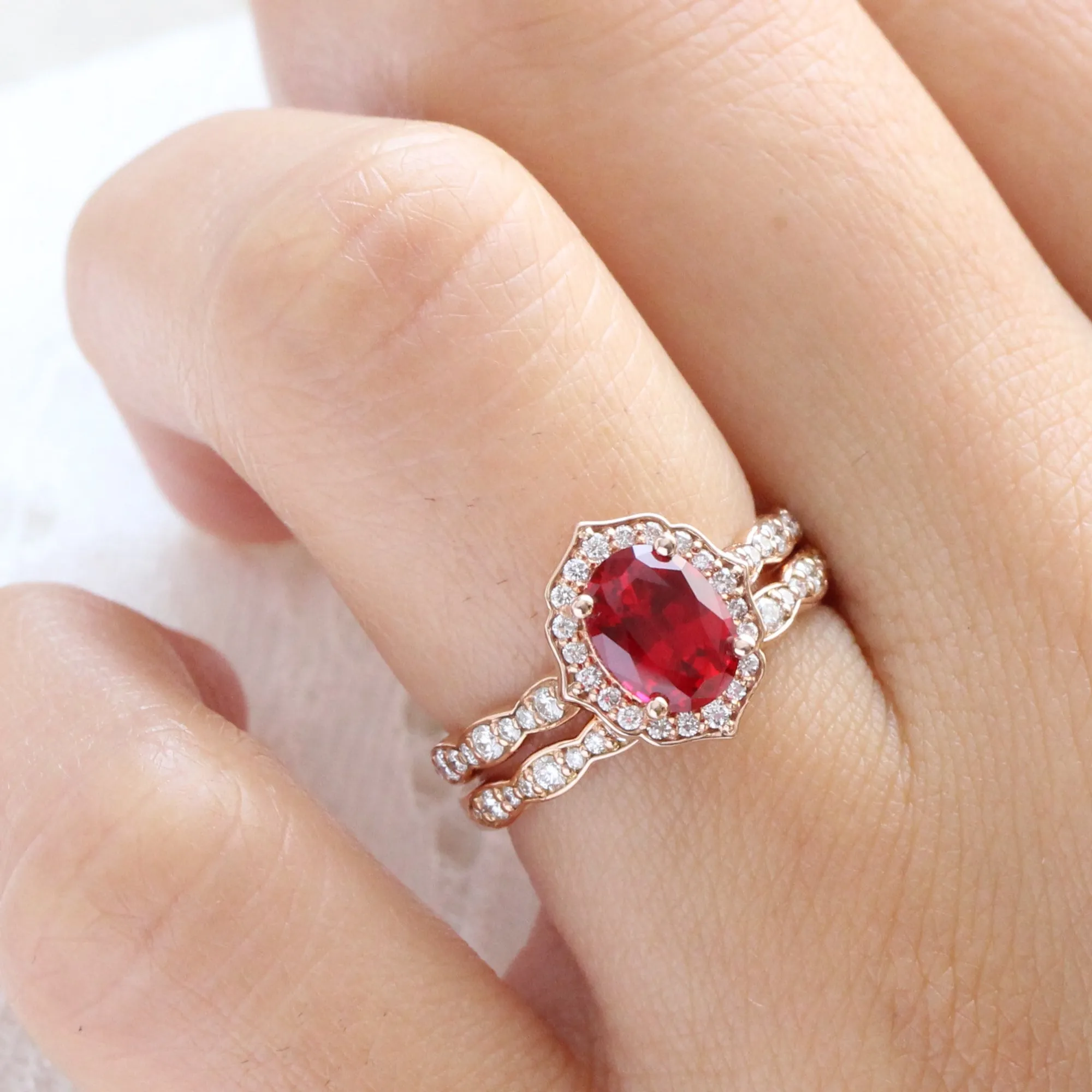 Oval Ruby Diamond Ring in Vintage Floral Scalloped Band