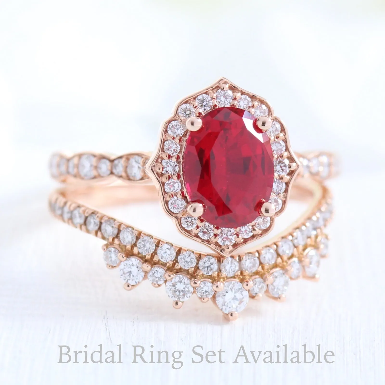 Oval Ruby Diamond Ring in Vintage Floral Scalloped Band