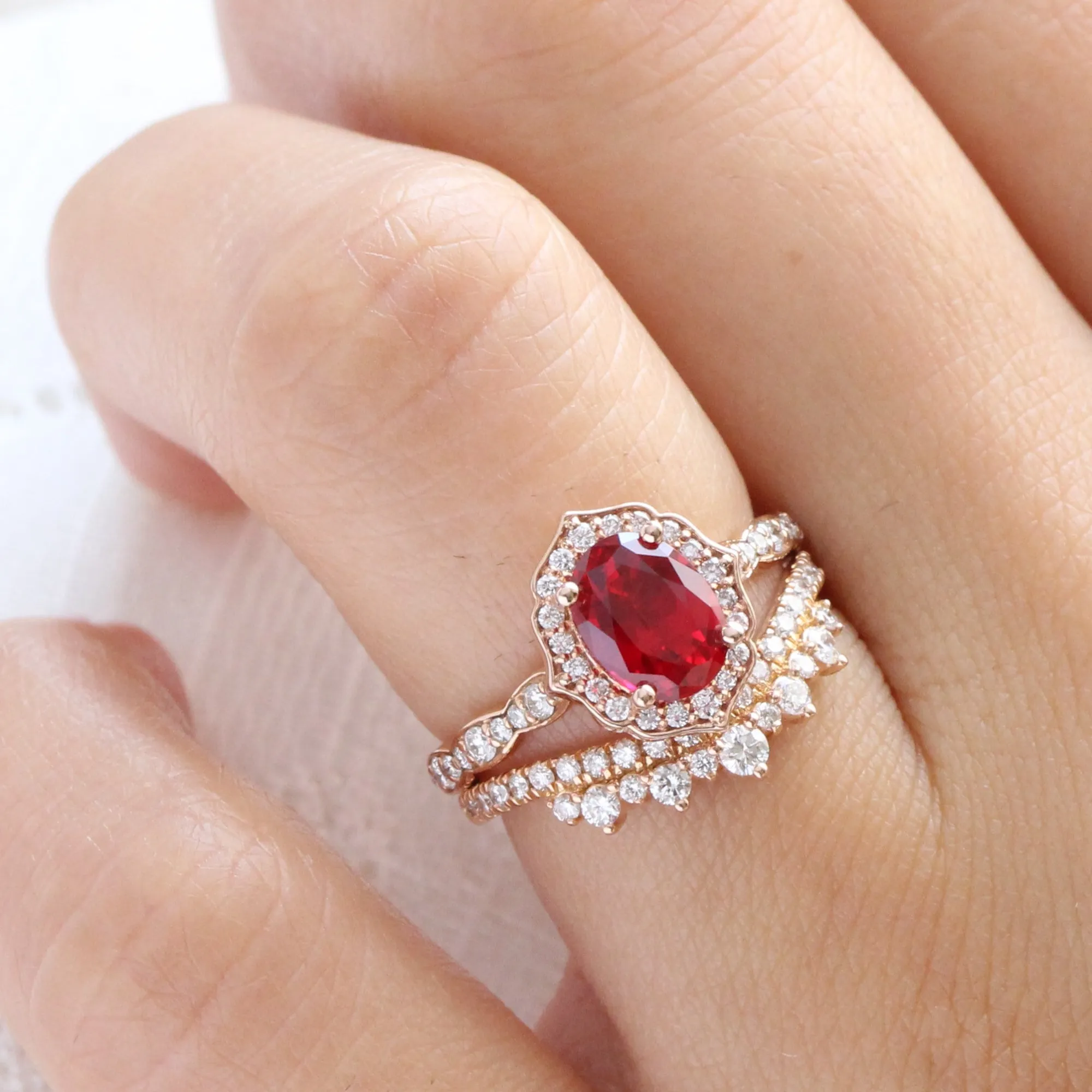 Oval Ruby Diamond Ring in Vintage Floral Scalloped Band